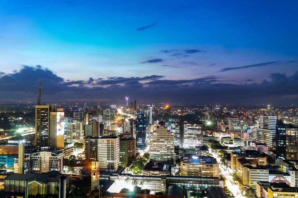 Nairobi city skyline at twilight with modern towers, Kenya