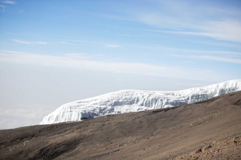 Ice cap on Mount Kilimanjaro, Tanzania under clear blue skies