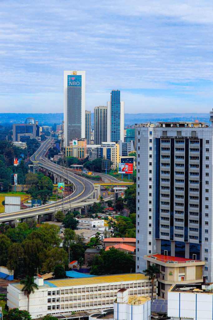 Aerial view of Nairobi skyline with highways and skyscrapers, Kenya