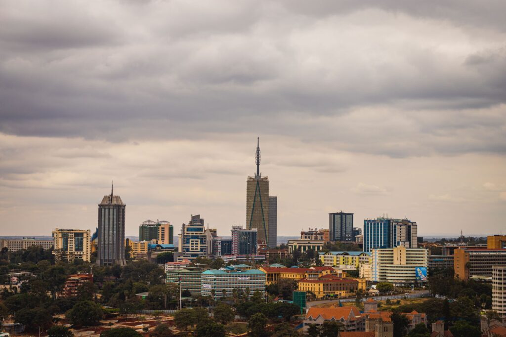 Nairobi skyline with modern skyscrapers under an overcast sky, Kenya