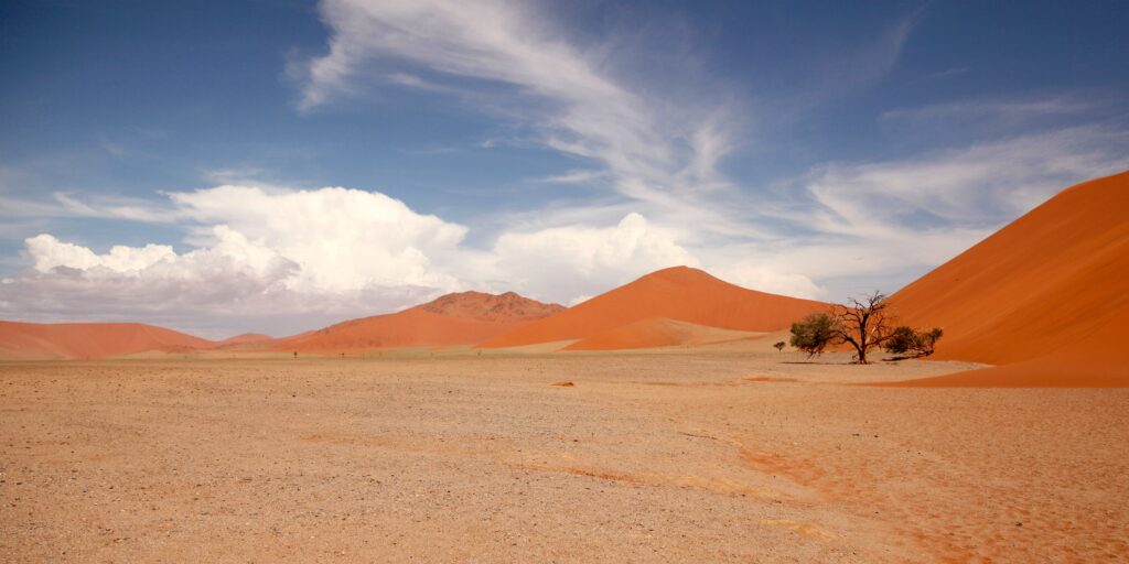Towering red sand dunes of Namib Desert