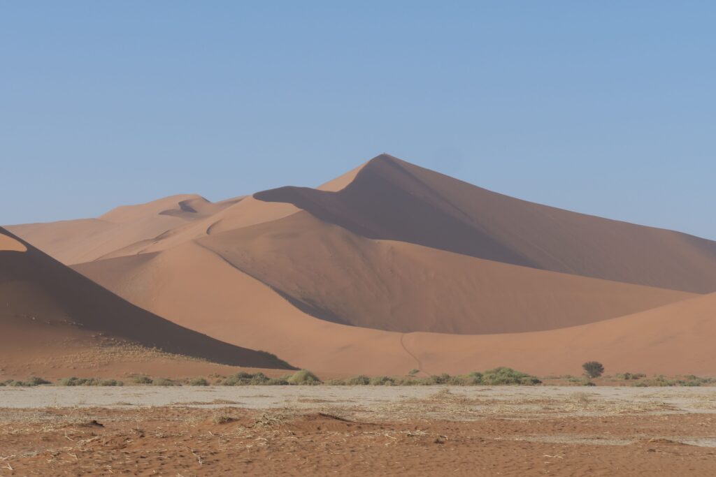 Orange sand dunes under blue sky in Namib Desert