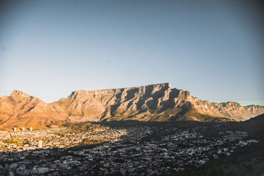 Cape Town cityscape with Table Mountain at sunset