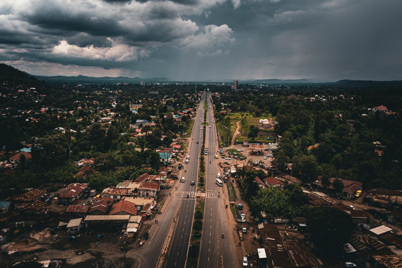 Aerial view of a main road through Arusha, Tanzania