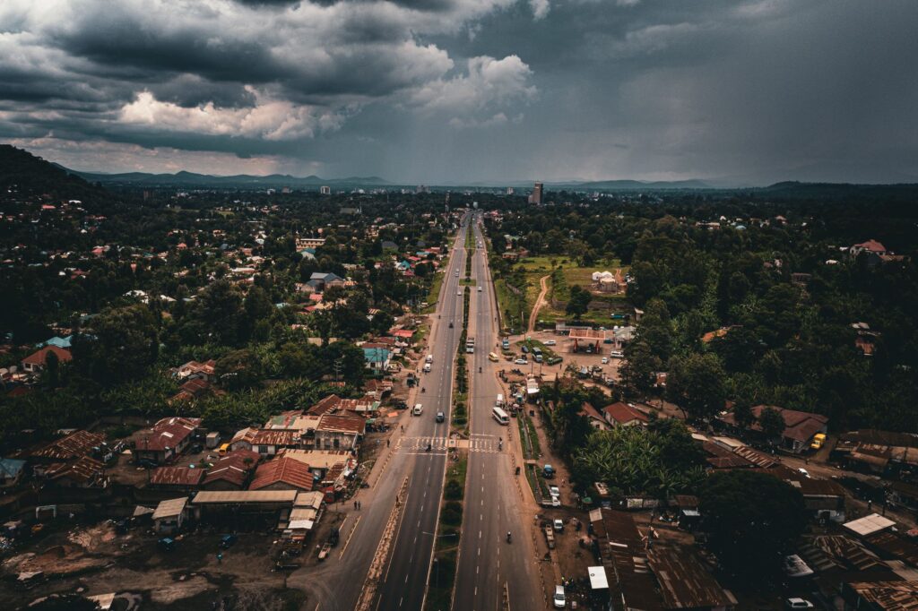 Aerial view of main road in Arusha Tanzania with greenery — JRO to Arusha transfer